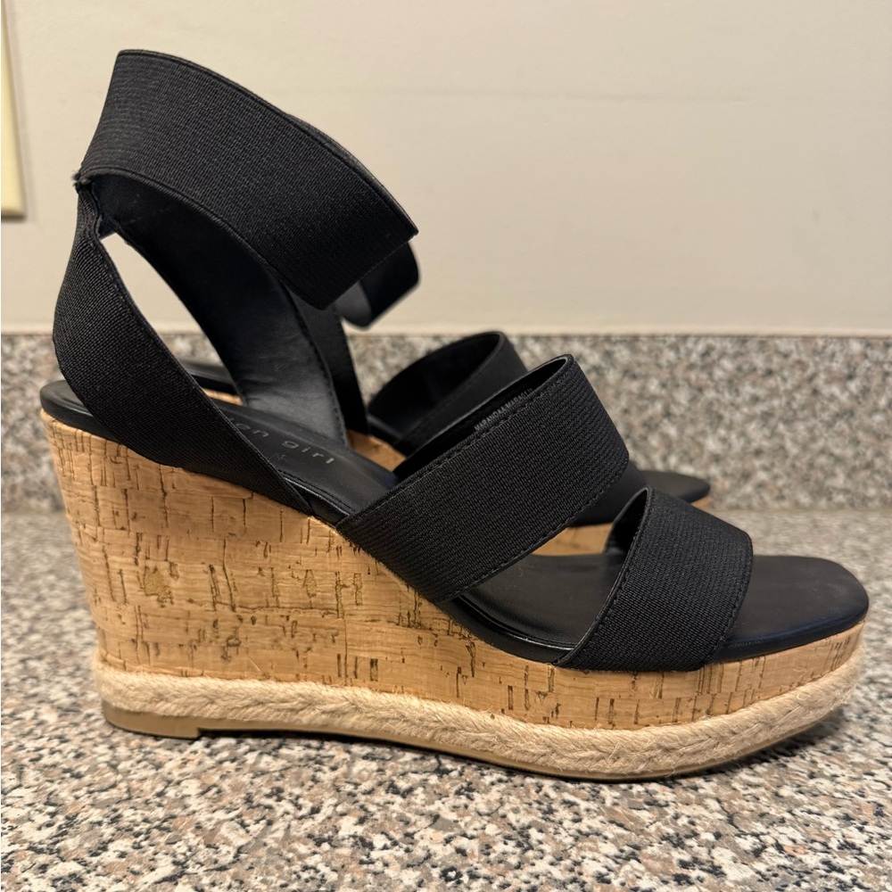 Madden Gir Black Cork Wedge Sandals with Elastic Straps